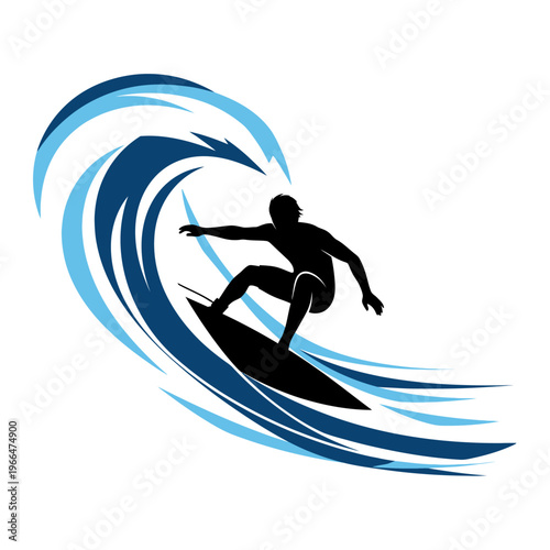 Surfer Silhouette Riding a Crashing Blue Wave - Extreme Water Sports