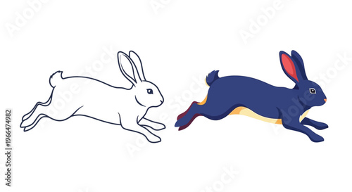 Vector illustration of a running blue rabbit next to a black and white outline design