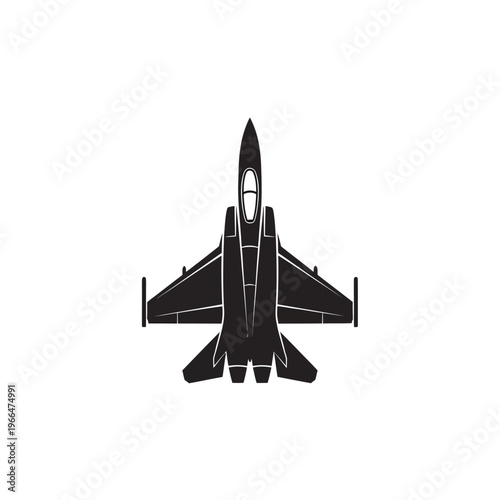 Silhouette of a modern fighter jet aircraft in flight, top view, black icon on white background