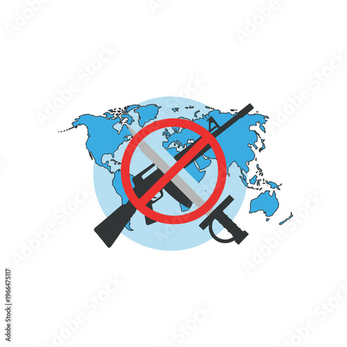 Stop War Concept: World Map with Crossed Out Weapons and Red Prohibition Sign