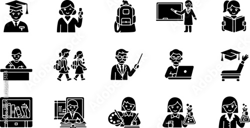 Minimalist Education and Academic Icon Set - 15 Black Glyph Vector Icons                                                                                                                           