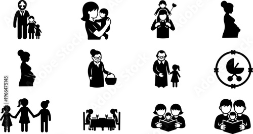 Minimalist Family and Motherhood Vector Silhouette Icon Set                                                                                                                                        