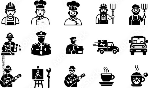 Minimalist Vector Icon Collection of Professions, Services, and Lifestyle Symbols                                                                                                                  