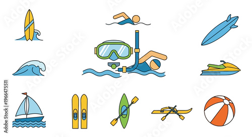 Water sports icons set surfing swimming sailing kayaking and waterskiing