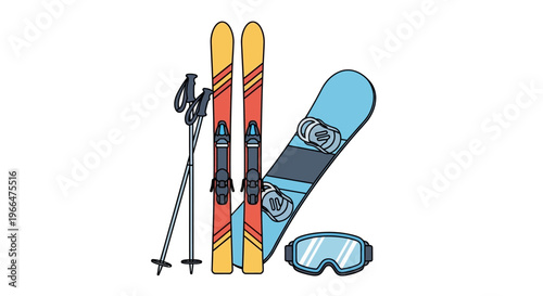 Winter sports equipment illustration skis snowboard goggles poles isolated