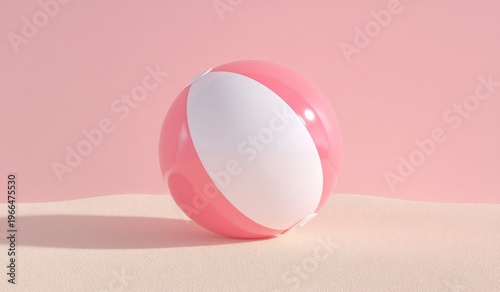 Pink and white beach ball on a light pink background with copy space