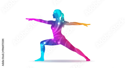 Woman in yoga pose with colorful digital effect on a white background