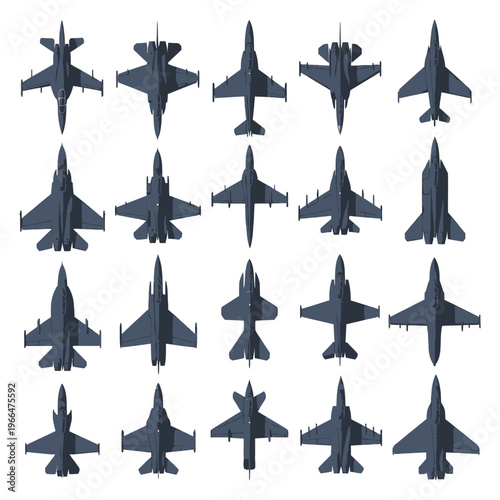 Top View Collection of Modern Fighter Jets Isolated on White Background