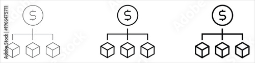 Blockchain diagram featuring interconnected cubes linked by lines alongside a money bag symbol representing digital assets. Ideal for blockchain technology, cryptocurrency, decentralized finance