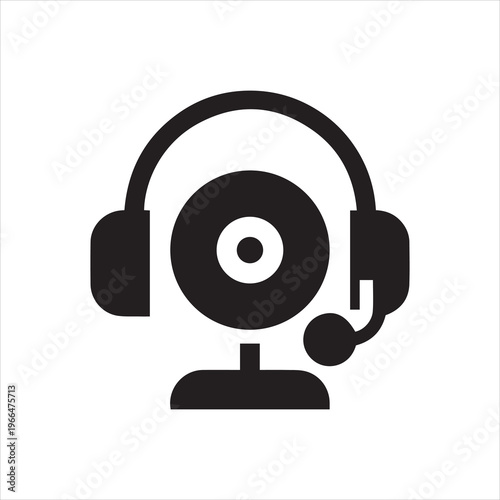 Camera and headset with microphone icon. Headset for online communication via webcam flat label. Consultation, hotline, operator concept pictogram. Vector illustration isolated on white