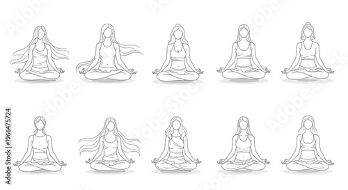 Woman meditating in lotus position vector set for wellness and health