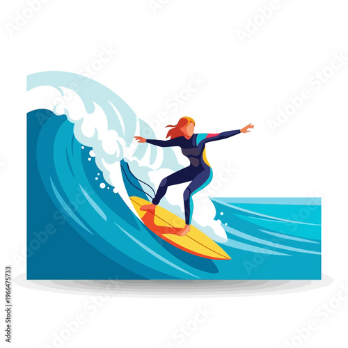 Woman Surfer Riding Big Blue Wave on Yellow Surfboard