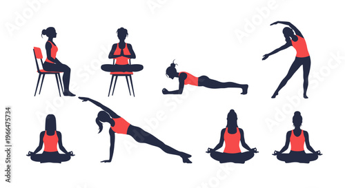 Woman performing yoga exercises silhouette set for health and wellness