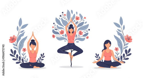 Woman practicing yoga poses surrounded by floral elements illustration