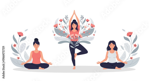 Woman practicing yoga poses surrounded by floral elements vector illustration
