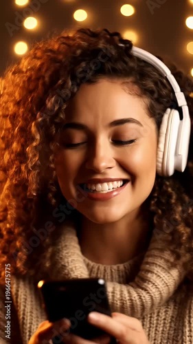 Woman Listens Music Headphones Phone Warm Lights Cozy Evening