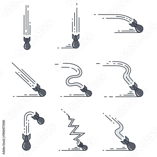 Bomb Dropping Paths Collection: Falling, Zigzag, Curve, Straight Lines - Vector Icons