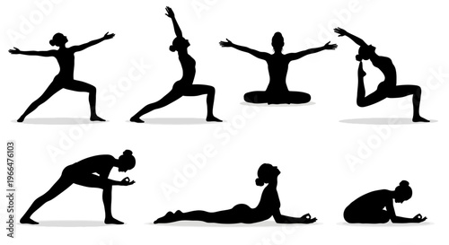 Yoga poses silhouette illustrations exercise wellness and meditation concepts