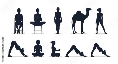 Yoga poses silhouette illustrations for health and fitness activities