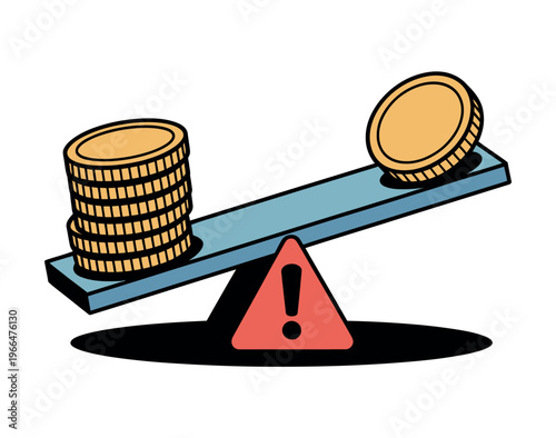 Imbalanced Scale with Coins and Warning Sign Illustration