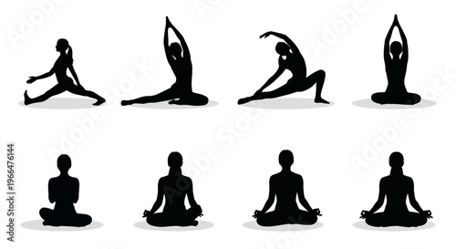 Yoga poses silhouette illustrations for wellness fitness and meditation