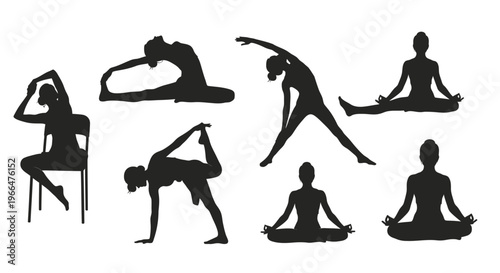 Yoga poses silhouette illustrations for wellness health and fitness design
