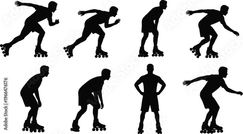 Professional inline skating silhouette set featuring male athlete in various action poses including sprinting cruising and balancing for sports fitness and outdoor recreation design.