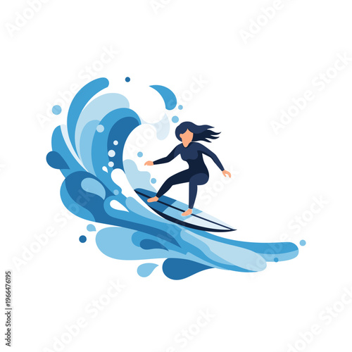 Woman Surfing on Blue Wave, Dynamic Action Shot, Summer Ocean Sport
