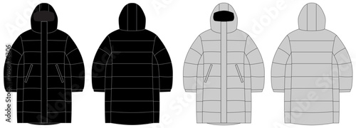 Down puffer coat jacket technical fashion illustration with long sleeves, hoody collar, zip-up closure, knee length, wide quilting. Flat template front, grey color style. Women, unisex top CAD mockup