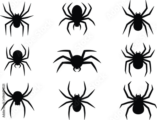 Spider silhouettes set, creepy arachnid icons collection black Halloween insects vector illustration isolated design