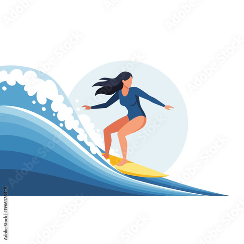 Woman Surfing on Yellow Board, Riding Ocean Wave, Summer Sport, Flat Design