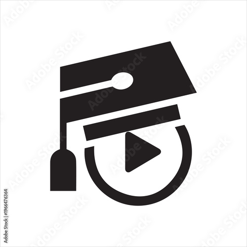 Graduate cap on play button. E-learning flat label. Symbol of distance education, training videos and modern technology. Logo for universities, schools, academies and other sites and apps. Vector