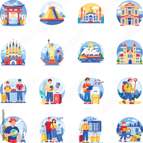 Pack of Travel and Tour Flat Style Illustrations 
