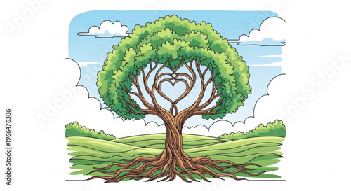 Tree with heart shaped branches on green hillside under blue sky with white clouds