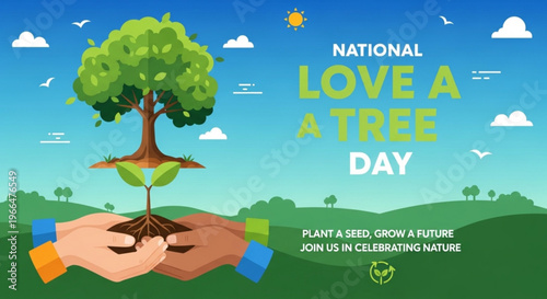 National love a tree day poster with hands planting a tree in the ground