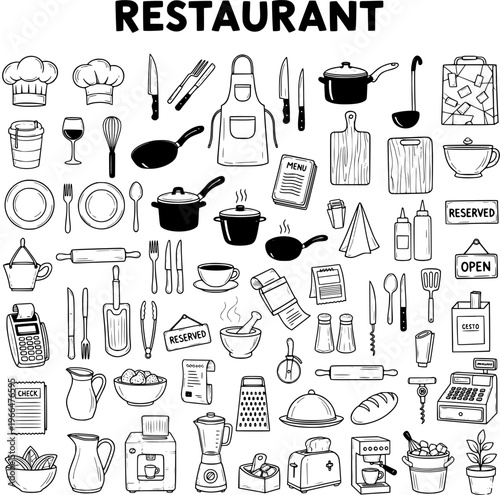 Detailed Hand-Drawn Doodle Collection of Restaurant and Kitchen Essentials: Cooking Tools, Utensils, Food Service Items, and Chef Equipment on White Background