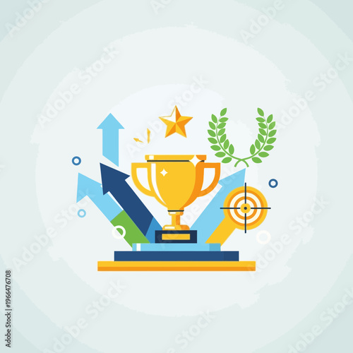 Golden trophy with rising arrows and laurel wreath symbolizing achievement