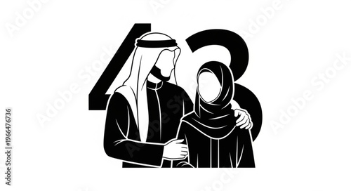 Arab couple embracing, celebrating national day with number 48.