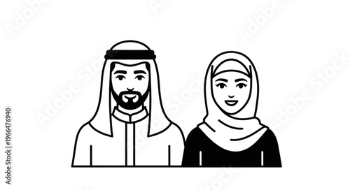 Arab couple in traditional attire, black and white illustration.