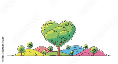 Vibrant tree with heart shaped leaves on colorful hills symbolizing nature and environment