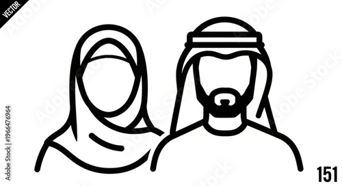 Arab couple in traditional attire, black and white line art.