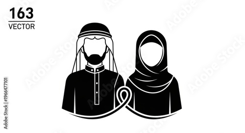 Arab couple in traditional attire, linked together, vector illustration.