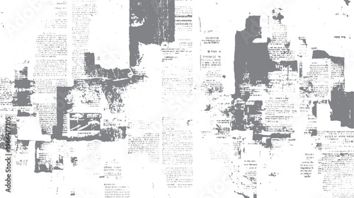Distressed grunge newspaper print with abstract grey shapes and scattered dots