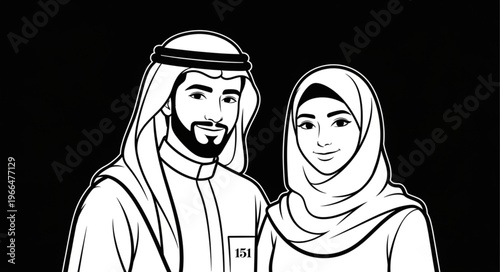 Arab couple in traditional attire, portrait, black and white illustration.