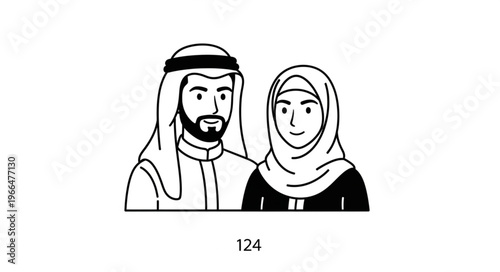 Arab couple in traditional attire, portrait of a man and woman.
