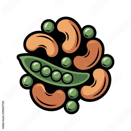 Colorful Cashews and Green Peas Illustration in Circular Arrangement