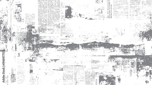 Distressed newspaper texture with smudged grey text and abstract shapes on white background grunge vintage