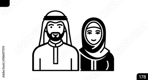 Arab couple in traditional attire, smiling and looking forward, vector illustration.