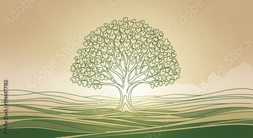 Tree with lush green foliage standing alone in rolling hills with wavy lines warm beige background