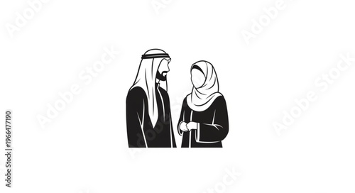 Arab couple in traditional attire, standing together in a minimalist illustration.